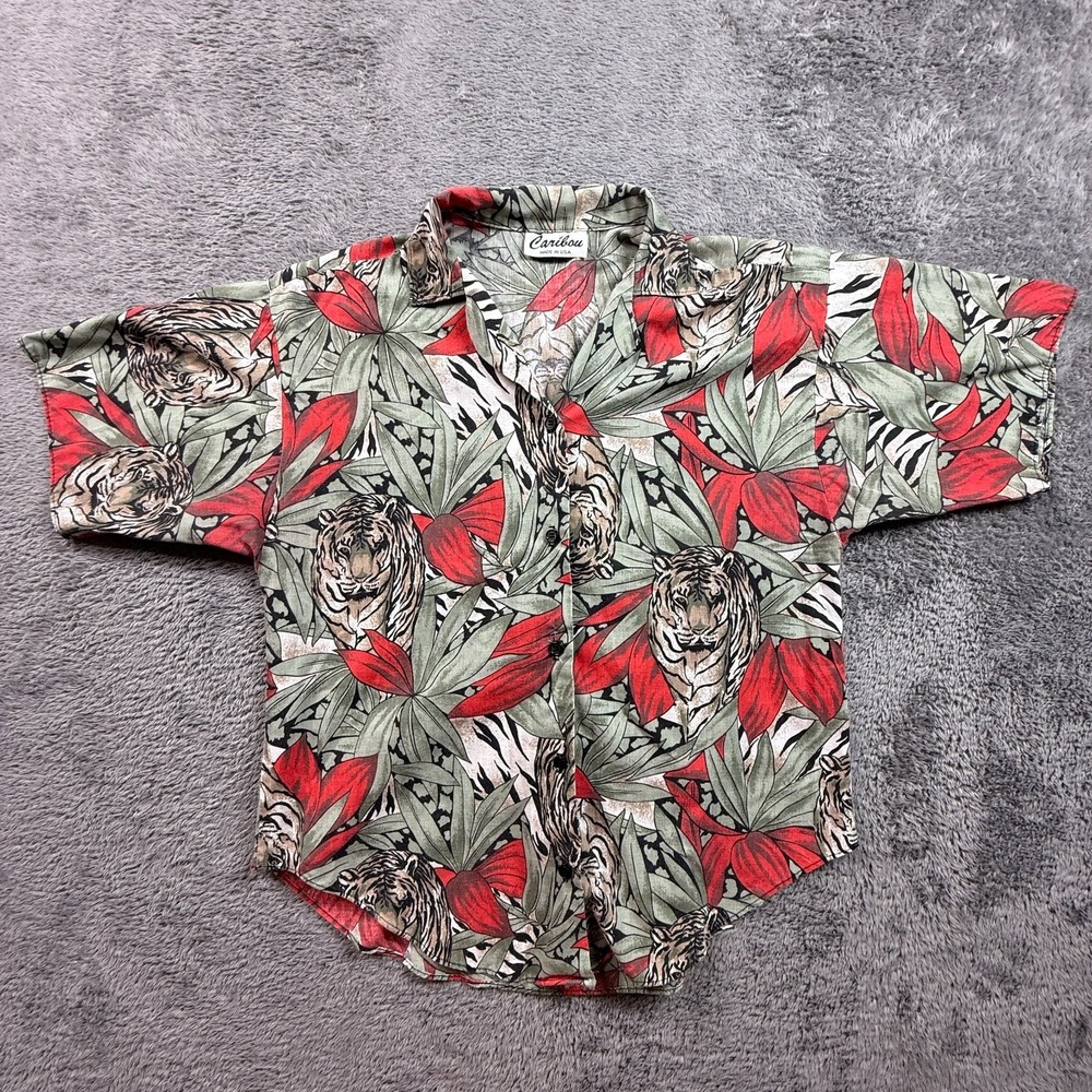 Vintage Caribou USA Women's Hawaiian Button Up Shirt Tiger Floral Sz 8